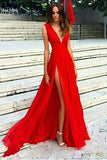 Sexy V-neck Red Split Prom Dresses,Simple Slit Sexy Party Dresses HZ0527