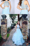 Fashion Two Pieces Light Blue Lace Tulle Ruffles A-line Prom Dress For Teens HZ0527