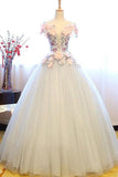 White Princess Deep V Neck Flowers Cap Sleeve Long Ball Gown Prom Dresses, Quinceanera Dress HZ0527