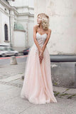Beautiful A-Line Sweetheart Strapless Tulle Pearl Pink Long Prom Dress with Appliques HZ0527