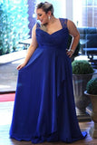 Royal Blue Chiffon A Line Sleeveless Long Plus Size Prom Dress With Lace HZ0527