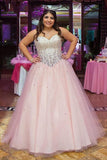Princess Pink Sweetheart Strapless Tulle Ball Gown Beading Long Plus Size Prom Dress HZ0527