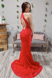 Red Lace Sheath Open Back Prom Dress, Mermaid Evening Dresses HZ0527