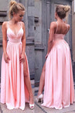 Simple Spaghetti Straps Pink V Neck Long Prom Dress with Slit HZ0527