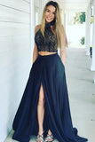 A-line Lace Bodice Navy Two Piece High Neck Prom Dresses Pockets with Split HZ0527