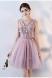 Pink A Line V Neck Flowers Short Homecoming Dresses,Mini School Dress HZ0527