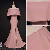 Elegant Trumpet Mermaid Off-the-shoulder Floor Length Pink Prom Dress With Slit HZ0527