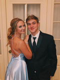 Promfast Light Blue Satin Split Long Simple Prom Dress Formal Party Dresses HZ0527