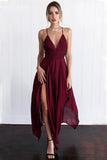 Chiffon Spaghetti Straps V Neck Cross Back Burgundy Assymetrical Hem Long Prom Evening Dress HZ0527