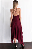 Chiffon Spaghetti Straps V Neck Cross Back Burgundy Assymetrical Hem Long Prom Evening Dress HZ0527