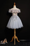 Cute Gray Off the Shoulder Floral Appliques A Line Tulle Homecoming Dresses HZ0527