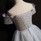 Cute Gray Off the Shoulder Floral Appliques A Line Tulle Homecoming Dresses HZ0527