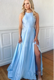 Promfast Light Blue Satin Split Long Simple Prom Dress Formal Party Dresses HZ0527