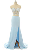 Elegant Mermaid Sweetheart Chiffon Sweep Train Split Front Light Sky Blue Prom Dresses HZ0527