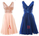 Cute Blush Pink V Neck Sleeveless Chiffon Short Bridesmaid Dress with Rose Gold Sequins HZ0527