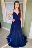 A Line Spaghetti Straps Dark Blue Tulle Long Prom Dresses HZ0527