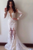 Sexy Sheath Lace Deep V-neck Long Sleeves Wedding Dresses,Long Formal Prom Dress HZ0527
