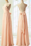 Simple Spaghetti Straps Long Chiffon Backless Bridesmaid Dresses with Bow HZ0527
