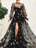 Promfast Popular Black Illusion Star Printed Long Sleeves Tulle A-Line Prom Dresses HZ0527