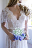 Romantic A-line Backless Lace Short Sleeves V Neck Long Wedding Dress HZ0527