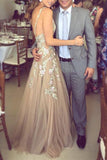 Charming A-Line Deep V-Neck Tulle Prom Dress with Appliques HZ0527