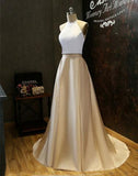Simple Two-Piece Gold Halter Long Prom Evening Dress With White Top HZ0527