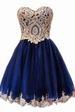 A Line Short Blue Gold Lace Appliques Prom Dresses Homecoming Dresses HZ0527