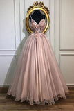 Pink Spaghetti Straps Tulle Appliques Long Prom Dress A Line Formal Party Dress HZ0527