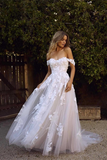 Promfast Modest Tulle Off-the-Shoulder A-Line Rustic Appliques Wedding Dresses HZ0527