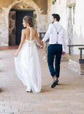 Simple Jewel Sleeveless Long Lace White Tulle A-line Wedding Dresses HZ0527