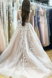 Elegant A-Line V-Neck Long Tulle Backless Wedding Dress with Beading Appliques HZ0527