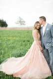 Blush Pink Long Tulle Appliques Wedding Dress With Cathedral Train,Prom Dresses HZ0527