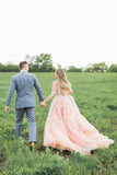 Blush Pink Long Tulle Appliques Wedding Dress With Cathedral Train,Prom Dresses HZ0527