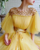 Promfast Modest Yellow Short Sleeves Long Prom Dresses A Line Tulle Evening Gown HZ0527