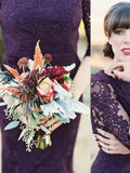 Gorgeous Half Sleeves Mermaid Long Purple Lace Open Back Bridesmaid Dress HZ0527