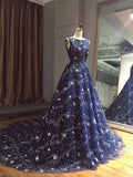 Chic A-line Ball Gown Dark Navy Sweep Train Tulle Modest Rhinestone Long Prom Dresses HZ0527