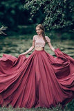 Charming Red Short Sleeves Lace Scoop A Line Two Pieces Long Formal Prom Dress HZ0527