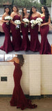Elegant Sweetheart Strapless Burgundy Lace Mermaid Cheap Long Bridesmaid Dresses HZ0527