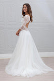 Simple 3/4 Sleeves Open Back V neck Charming Tulle Wedding Dress HZ0527