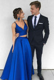 Sexy Royal Blue Two-Piece Long Prom Dress,Simple Satin Blue Formal Evening Dress HZ0527