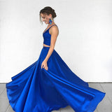 Sexy Royal Blue Two-Piece Long Prom Dress,Simple Satin Blue Formal Evening Dress HZ0527