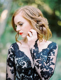 Charming Black Lace Puffy Prom Dress,Long Sleeves Open Back Tulle Wedding Dress HZ0527