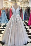 V neck Tulle Lace Long Wedding Dress,Tulle Ball Gown Prom Dress With Appliques HZ0527