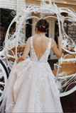 V neck Tulle Lace Long Wedding Dress,Tulle Ball Gown Prom Dress With Appliques HZ0527