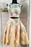2 Pieces Lace Tulle Long Sleeve Homecoming Dress, Short Prom Gown HZ0527