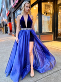 Promfast V Neck Backless Royal Blue Halter Prom Dresses, Long Beaded Formal Evening Dresses HZ0527