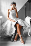Charming High Low A Line Spaghetti Straps Long Gray Lace Homecoming Prom Dress HZ0527