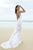 Sexy Mermaid Lace White Halter V-Neck Backless Beach Wedding Dress HZ0527