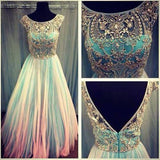 Unique Scoop Backless Cap Sleeves Beaded Bodice Tulle Long Prom Dresses For Girls HZ0527