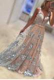 Charming Flower Lace Sleeveless A Line Long Prom Dresses,Formal Evening Gown HZ0527